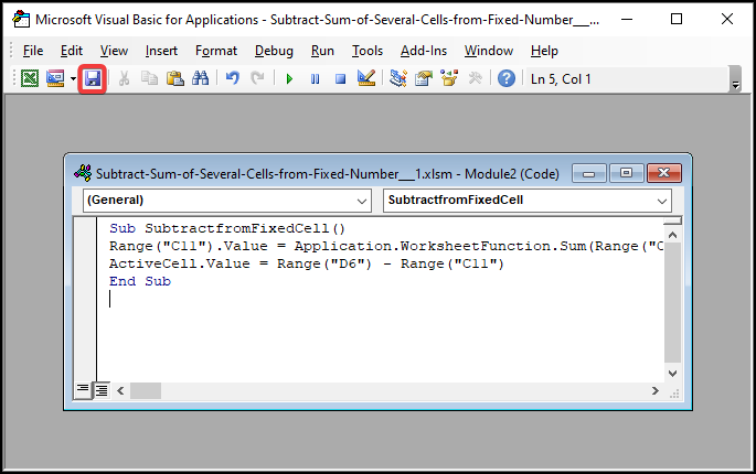 how to subtract sum of several cells from fixed number VBA code