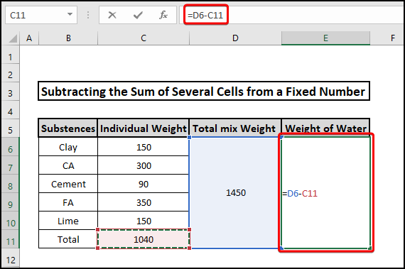 how to subtract sum of several cells from fixed number using subtraction