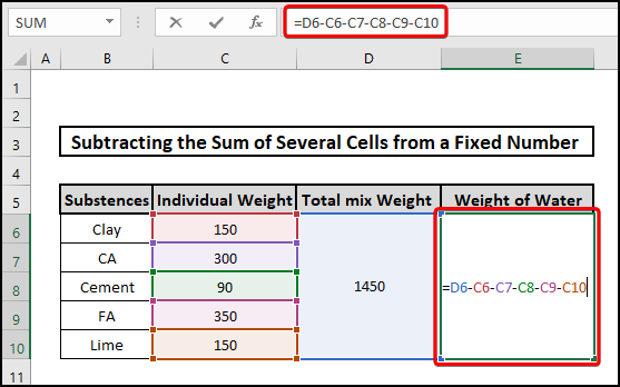 how to subtract sum of several cells from fixed number conventional way
