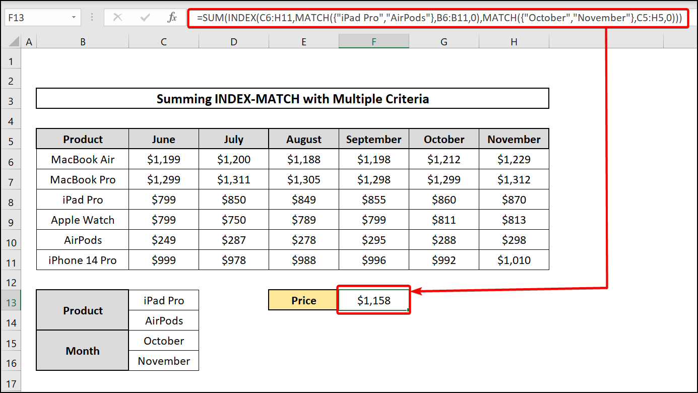 Using SUM, INDEX and MATCH functions with multiple criteria in Excel for distinct pairs