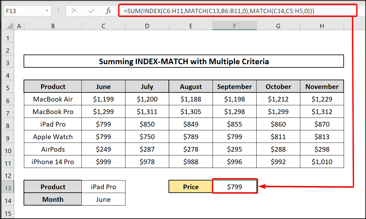 Using SUM, INDEX and MATCH functions with multiple criteria in Excel