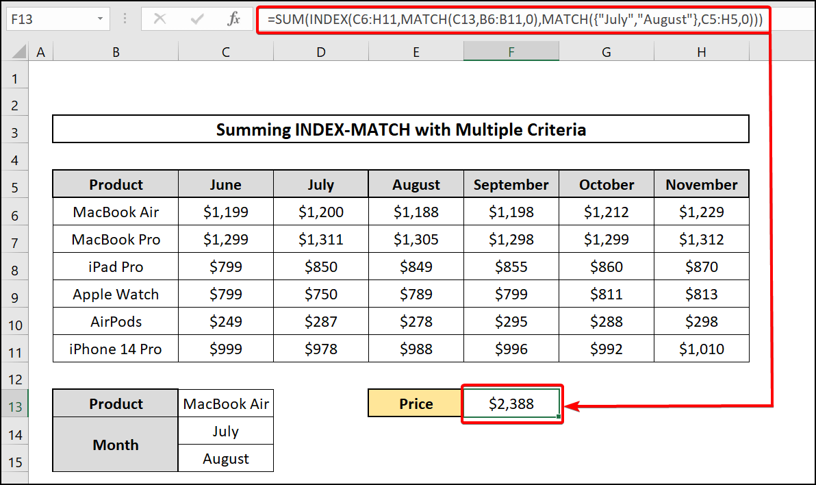 Using SUM, INDEX and MATCH functions with multiple criteria in Excel for 2 column and 1 row