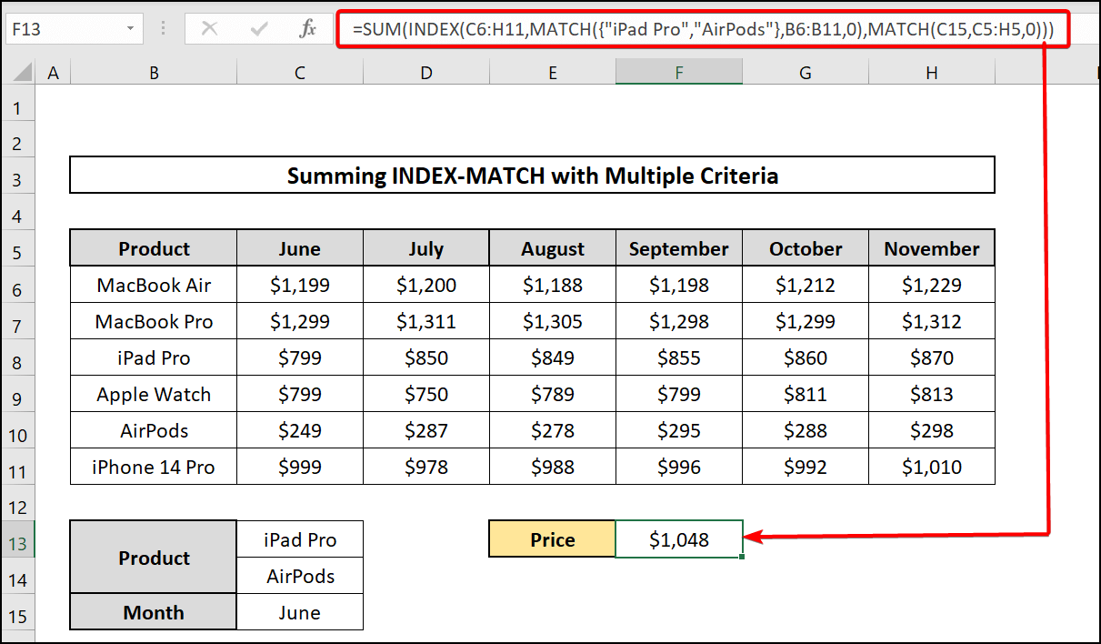 Using SUM, INDEX and MATCH functions with multiple criteria in Excel for 2 rows and 1 column