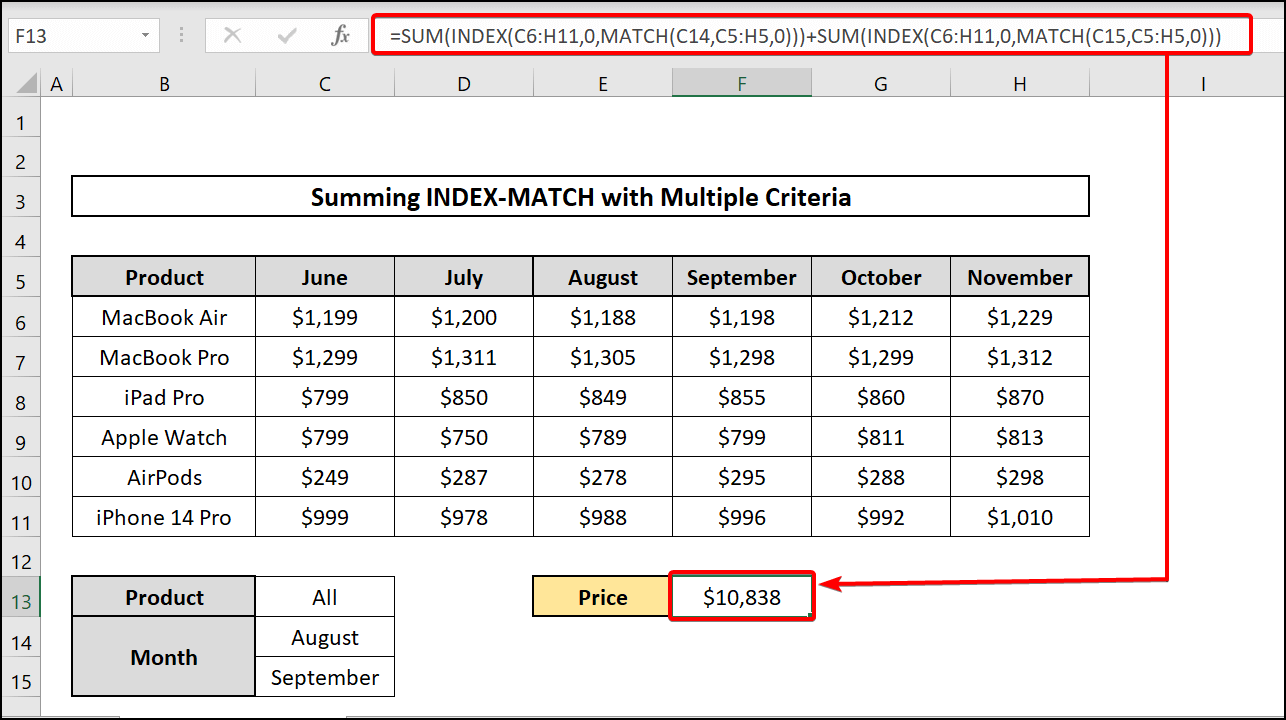 Using SUM, INDEX and MATCH functions with multiple criteria in Excel for all rows and two columns