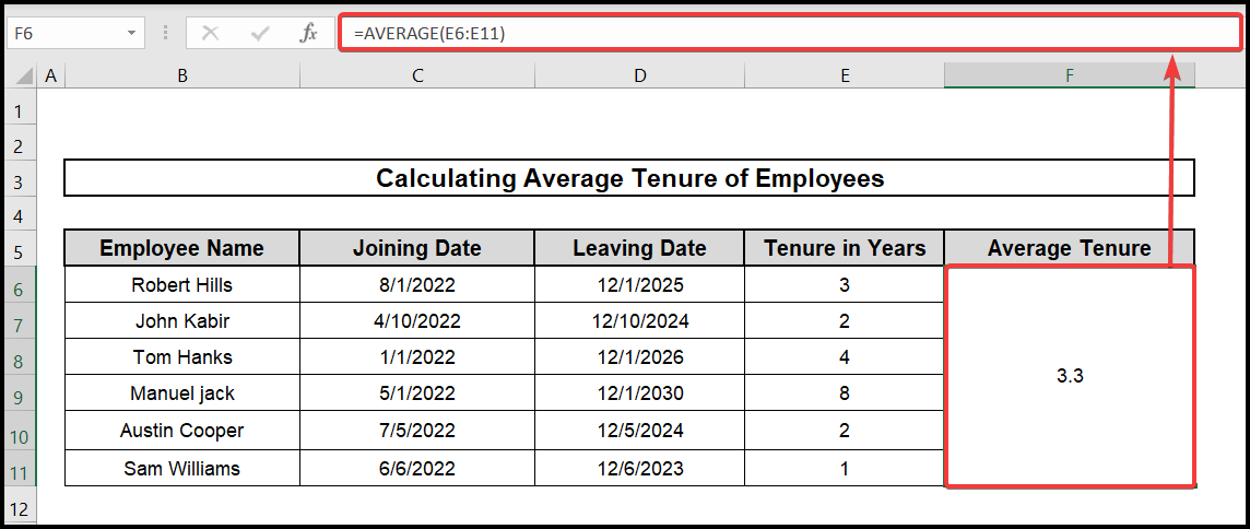 calculate average tenure of employees in excel with average after datedif