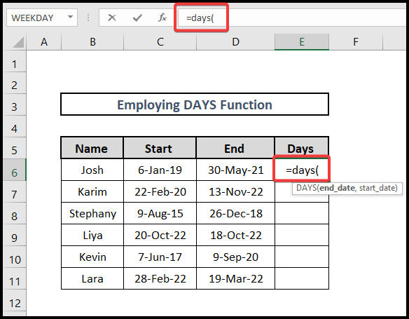 excel formula to count days from date using date function