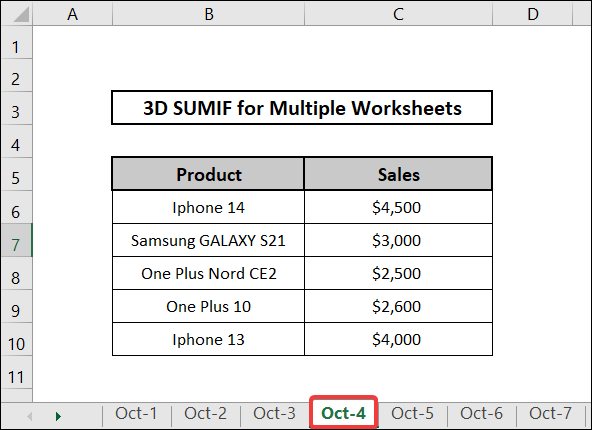 Dataset of 3D SUMIF for multiple worksheets-3