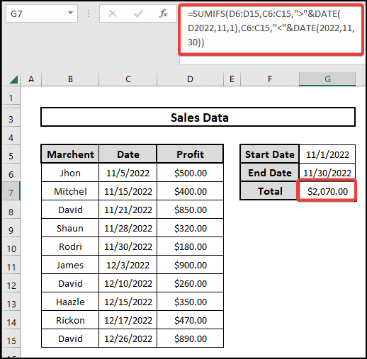 Results of using SUMIFS multiple date criteria 