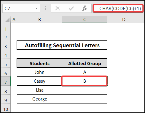 Using CHAR and CODE functions for auto-filling sequential letter