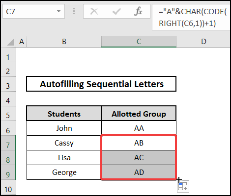 Utilizing RIGHT function for auto-filling sequential letters
