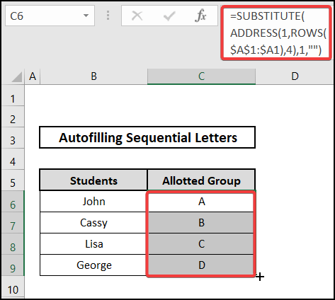 Applying SUBSTITUTE function to autofill sequential letters in Excel