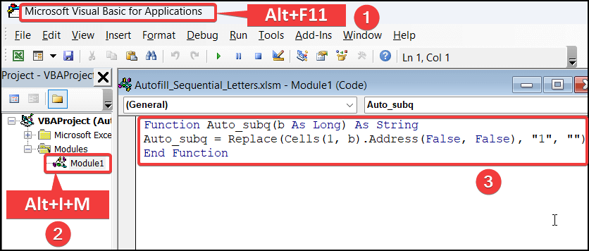 Employing VBA code to autofill sequential letters in excel