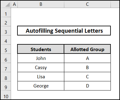 Dataset to autofill sequential letters in Excel