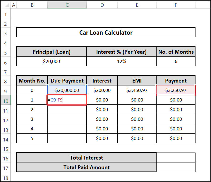 Calculating due payment in car loan calculator via excel sheet