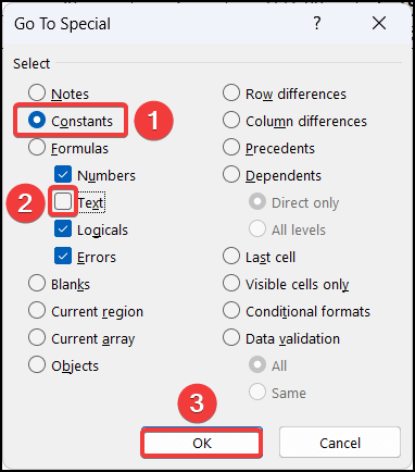Trying Go To Special option to clear contents without deleting formulas