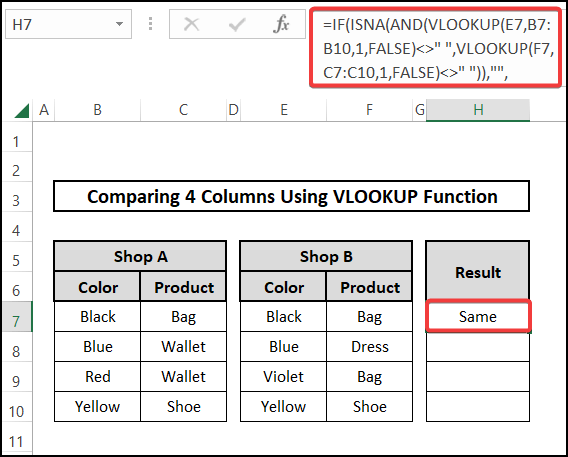 Using IF and AND functions with VLOOKUP Function to compare 4 columns
