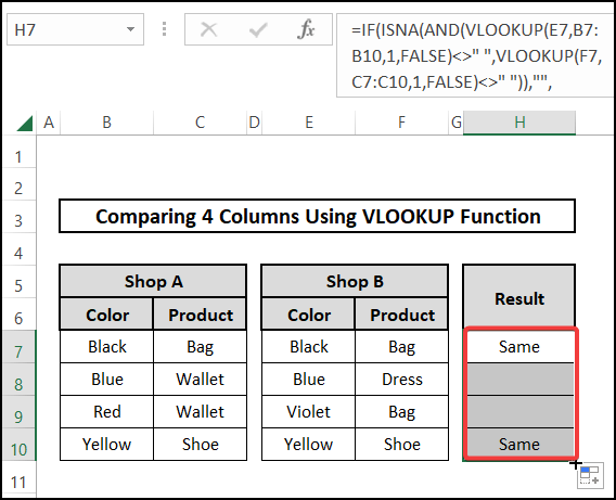 Using IF and AND functions with VLOOKUP to compare 4 columns in Excel