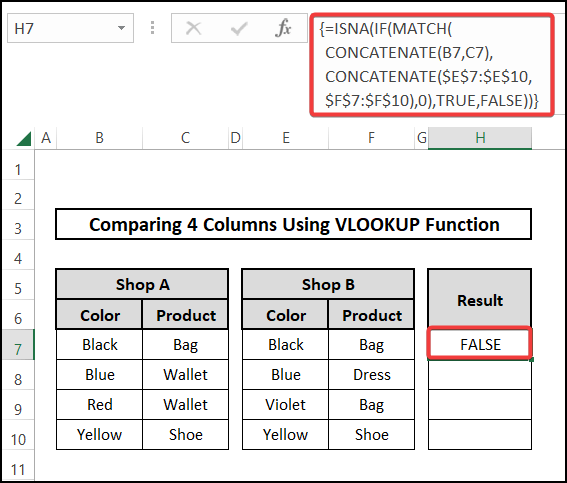 Combining MATCH and CONCATENATE functions to compare 4 columns