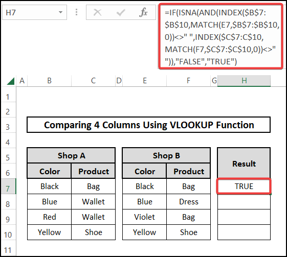Combining MATCH and INDEX functions to compare 4 columns