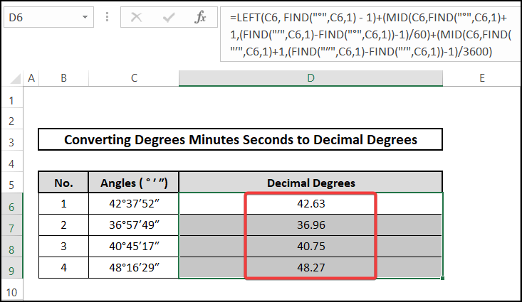 Using formula to convert degrees minutes seconds to decimal degrees 