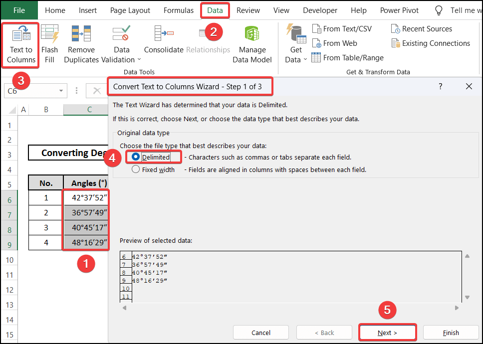 Utilizing Text to Columns option to convert degrees minutes seconds to decimal degrees in Excel