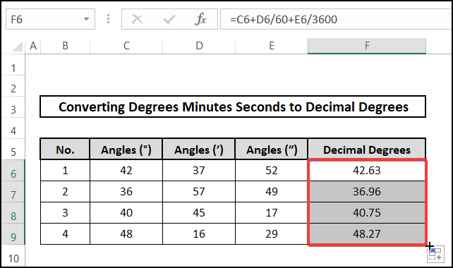 Manually convert degrees minutes seconds to decimal degrees in Excel