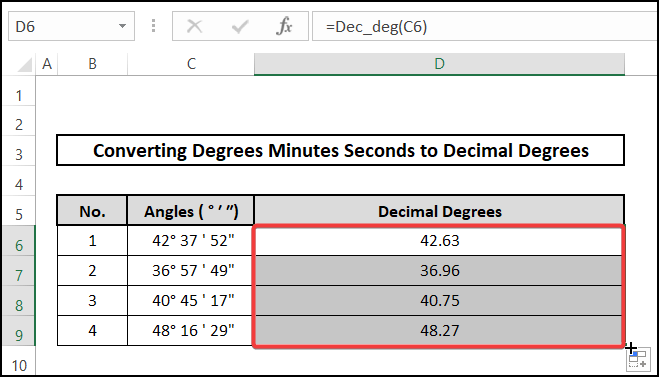 Employing VBA code to convert degrees, minutes, and seconds to decimal degrees in Excel
