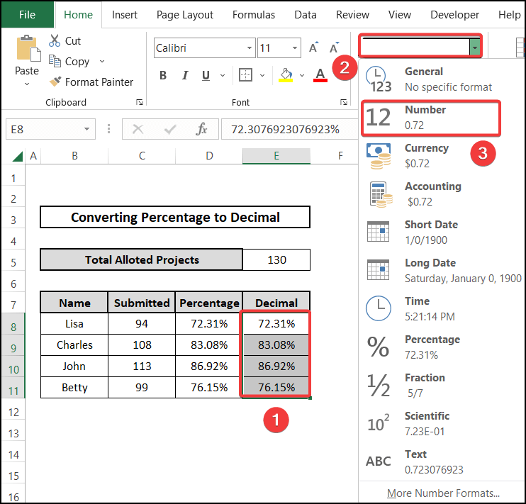 Switching to Number format to convert percentage to decimal in Excel