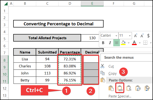Utilizing paste options for converting percentage to decimal in Excel