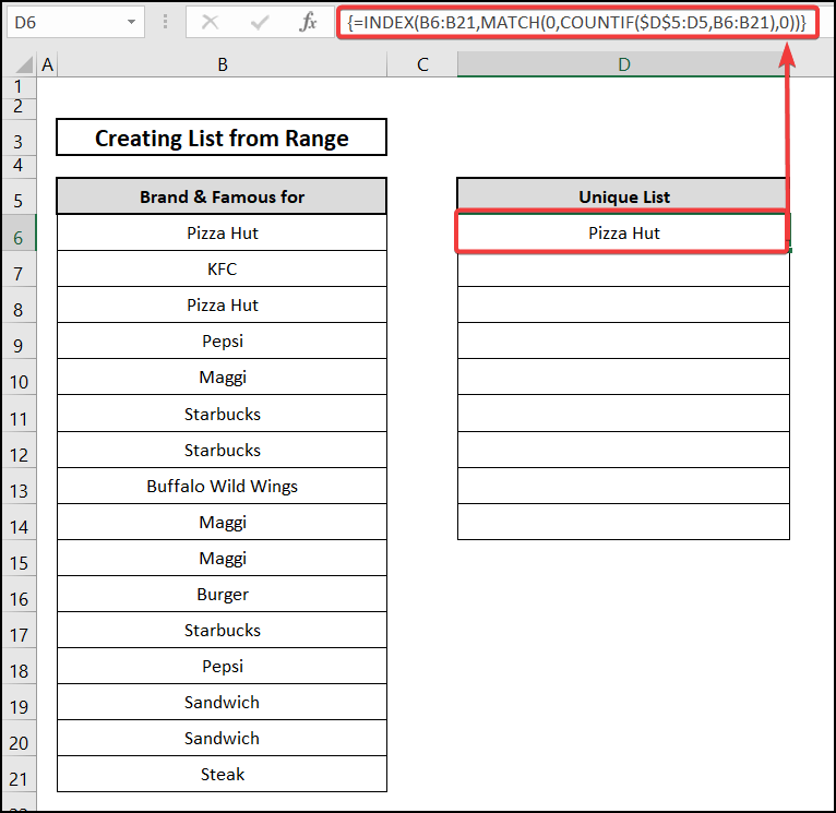 using INDEX function to Excel Create list from range