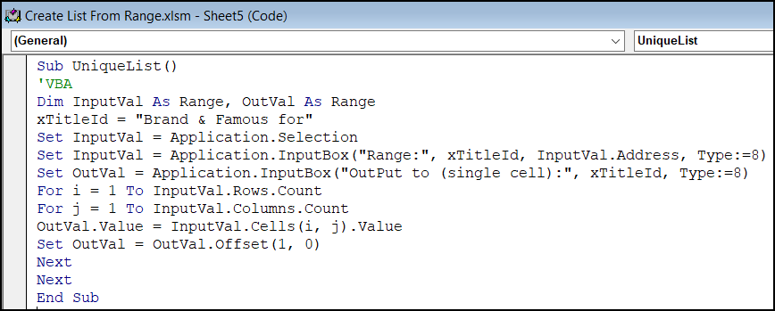 VBA code to Excel Create list from range