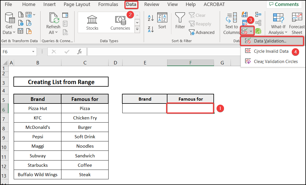 applying drop-down list to Excel Create list from range