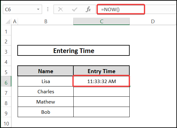 Utilizing NOW function for entering time in excel