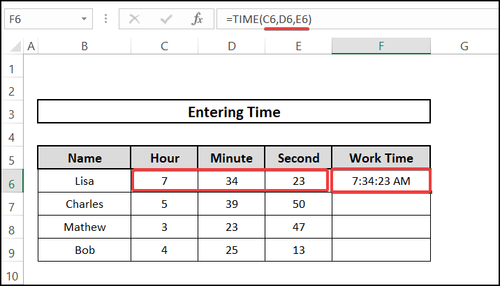 Employing TIME function to enter time in excel 