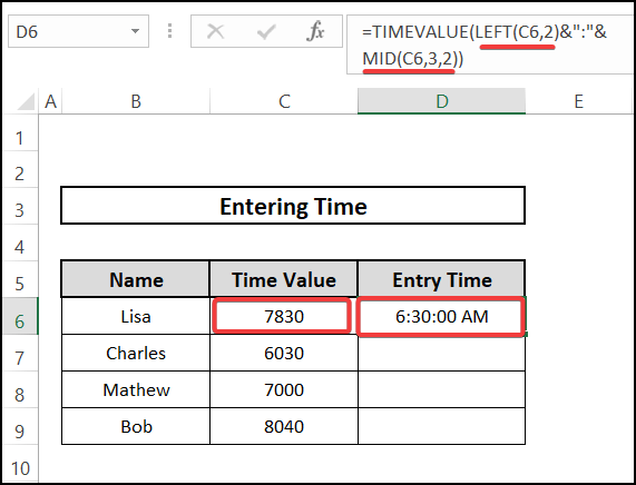 Using TIMEVALUE function to enter time in excel