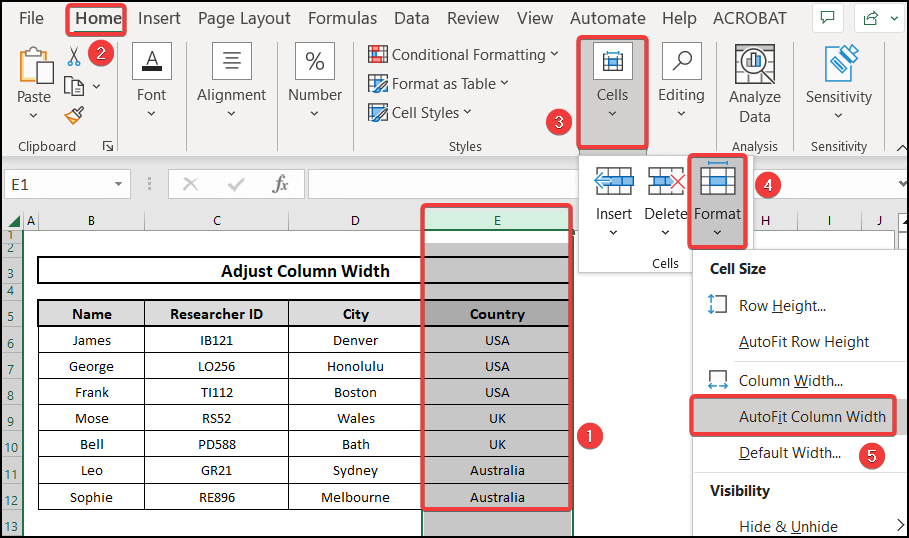 Using the Autofit Column Width to adjust column width 