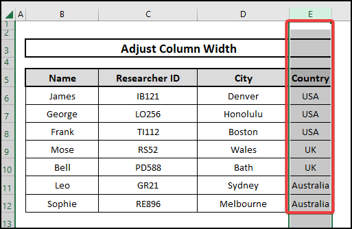 Result of adjusting column width