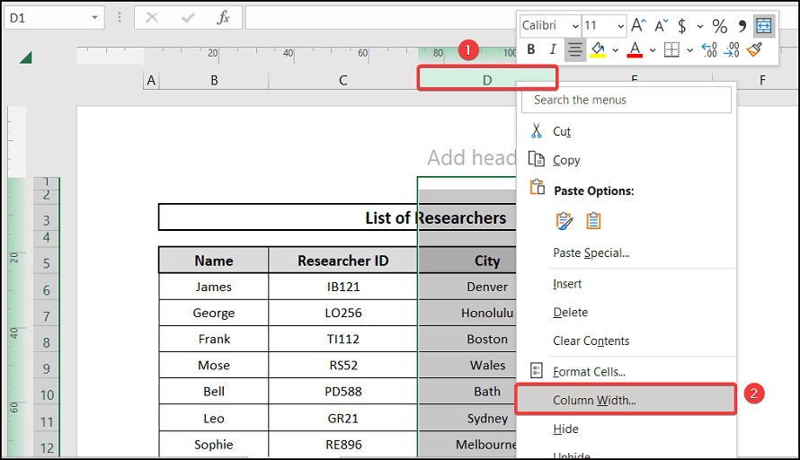 Using the Column Width option from right-click to Excel Column Width in mm