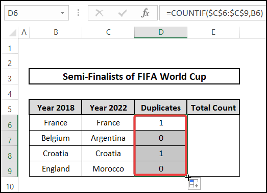 Applying COUNTIF and SUM functions to count duplicates in two columns