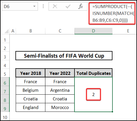 Employing MATCH and ISNUMBER functions to count duplicates for two columns in excel