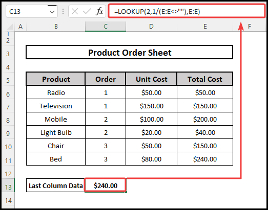 Using the LOOKUP function to find the last column with data