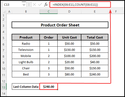 Using the INDEX Function to find the last column with data