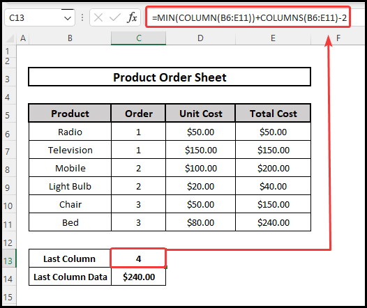 Using both MIN & COLUMN Functions to find the last column with data