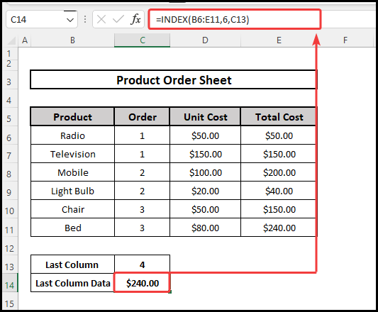Using the INDEX function to find the last column with data