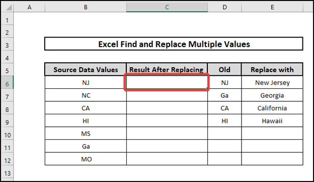 Selecting cell for excel find and replace multiple values
