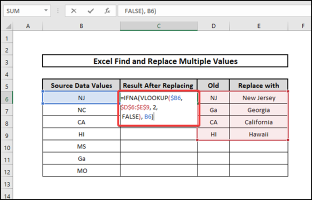 excel find and replace multiple values Combination of IFNA And VLOOKUP Functions
