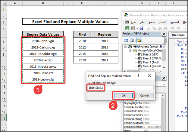 Use of VBA code for excel find and replace multiple values