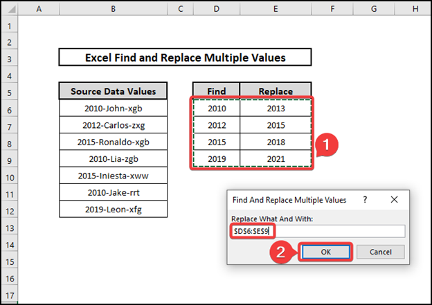 VBA code process for excel find and replace multiple values