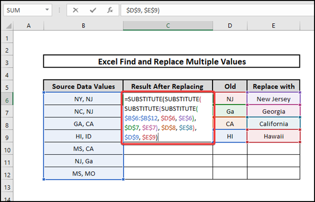 excel find and replace multiple values Using Substitute function