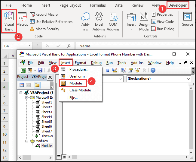 VBA Module to insert code to format phone numbers.